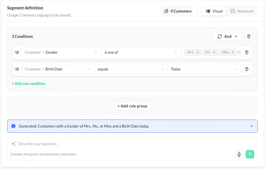 AI Segment Builder generating conditions from a prompt